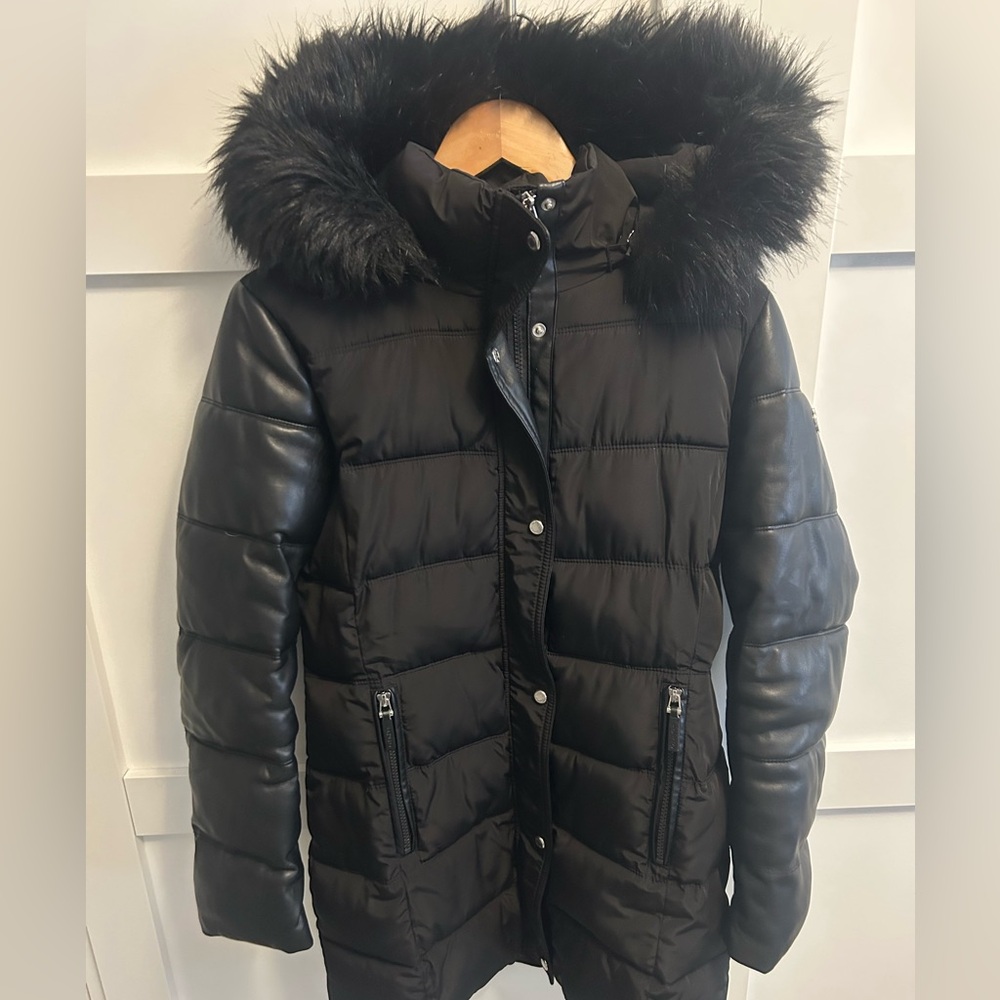 Calvin Klein Black Puffy Jacket with Faux Fur/Leather - removable hood